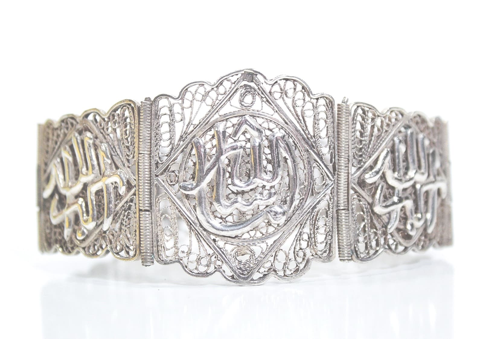 Vintage 800 Silver Egyptian Filigree Panel Statement Bracelet - Image 1