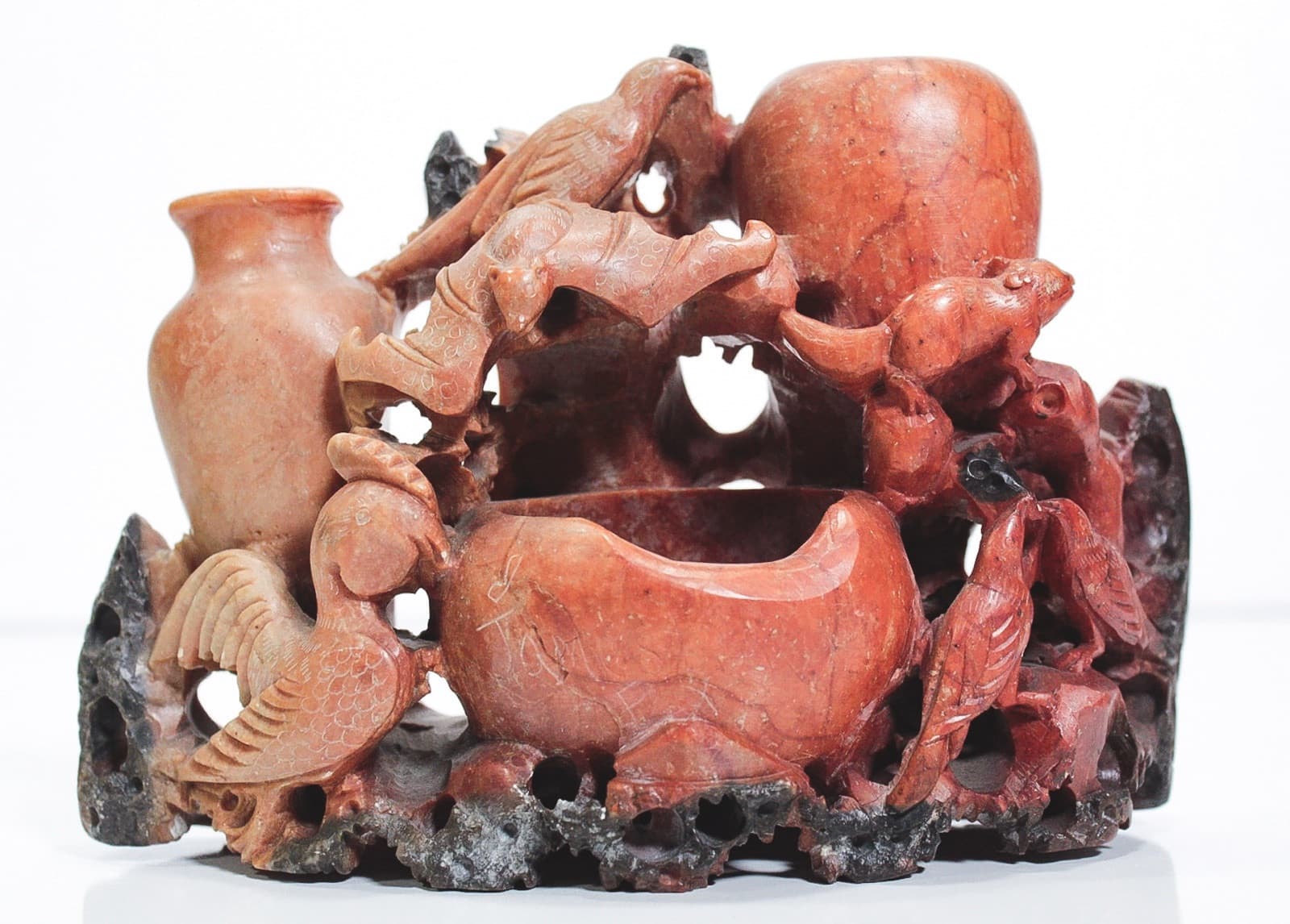 Vintage Chinese Soapstone Heavily Hand Carved Birds & Bats Vase Sculpture - Image 1