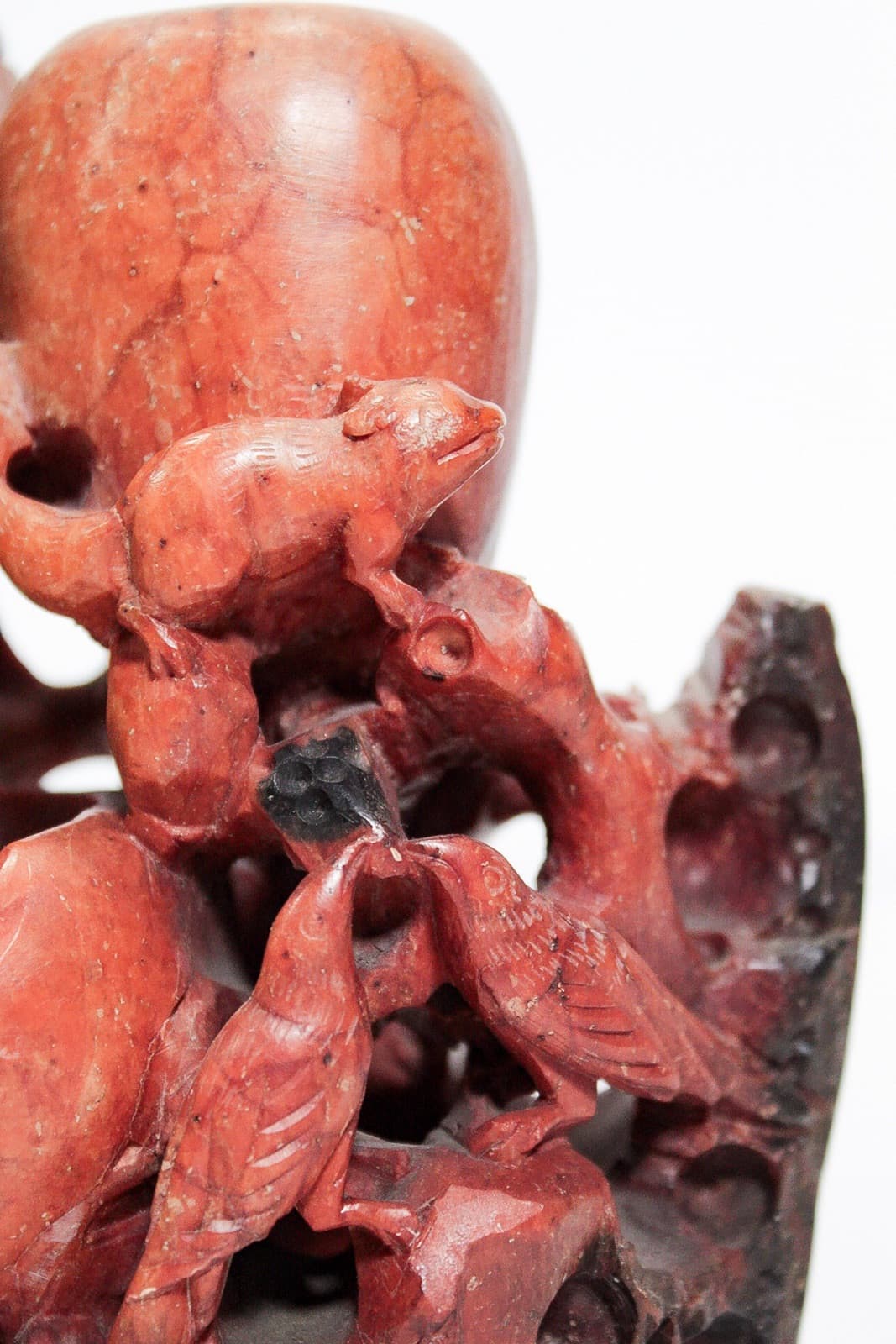 Vintage Chinese Soapstone Heavily Hand Carved Birds & Bats Vase Sculpture - Thumbnail 4