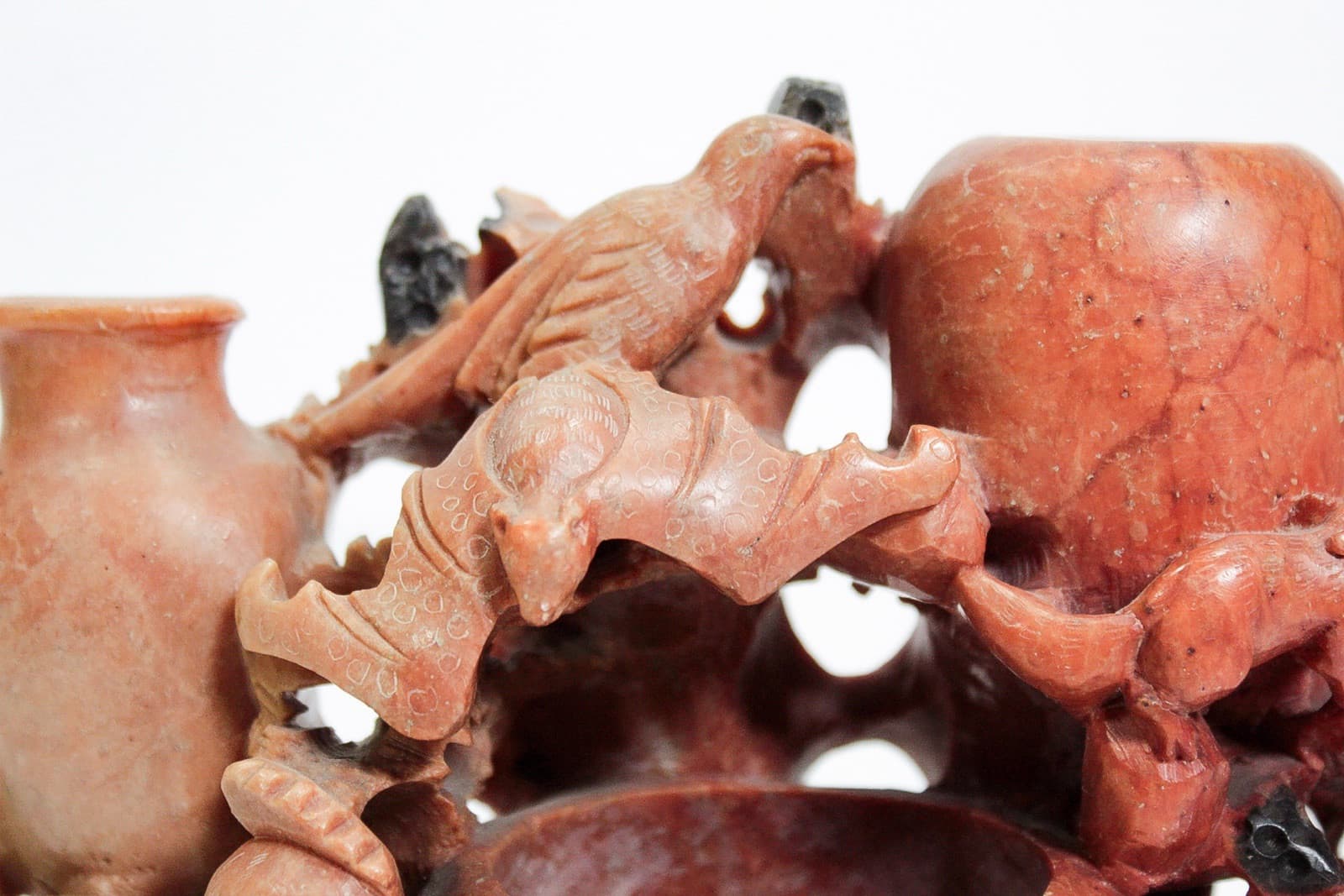 Vintage Chinese Soapstone Heavily Hand Carved Birds & Bats Vase Sculpture - Thumbnail 5
