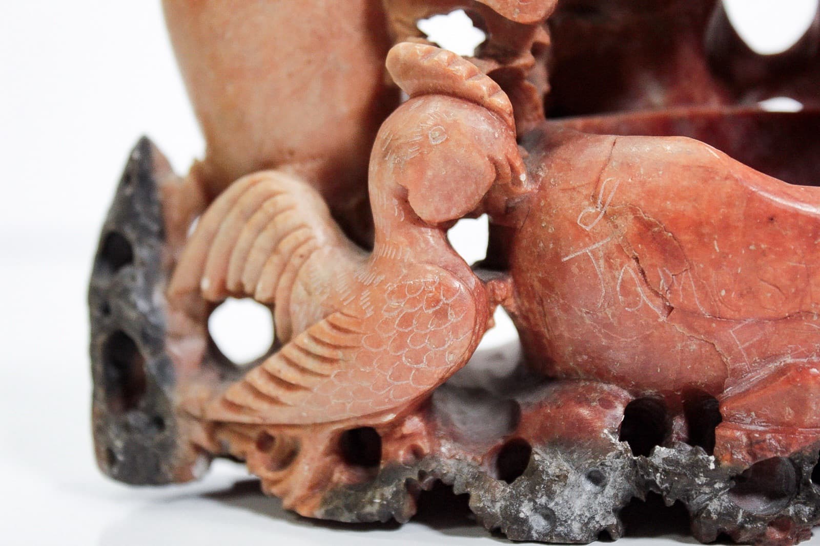 Vintage Chinese Soapstone Heavily Hand Carved Birds & Bats Vase Sculpture - Thumbnail 2