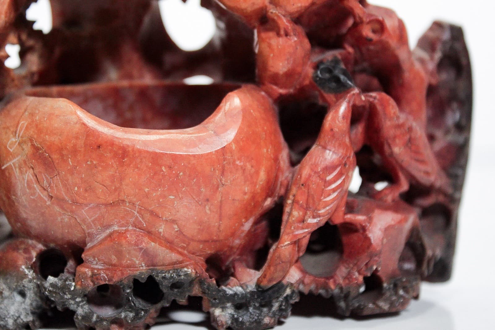 Vintage Chinese Soapstone Heavily Hand Carved Birds & Bats Vase Sculpture - Thumbnail 3
