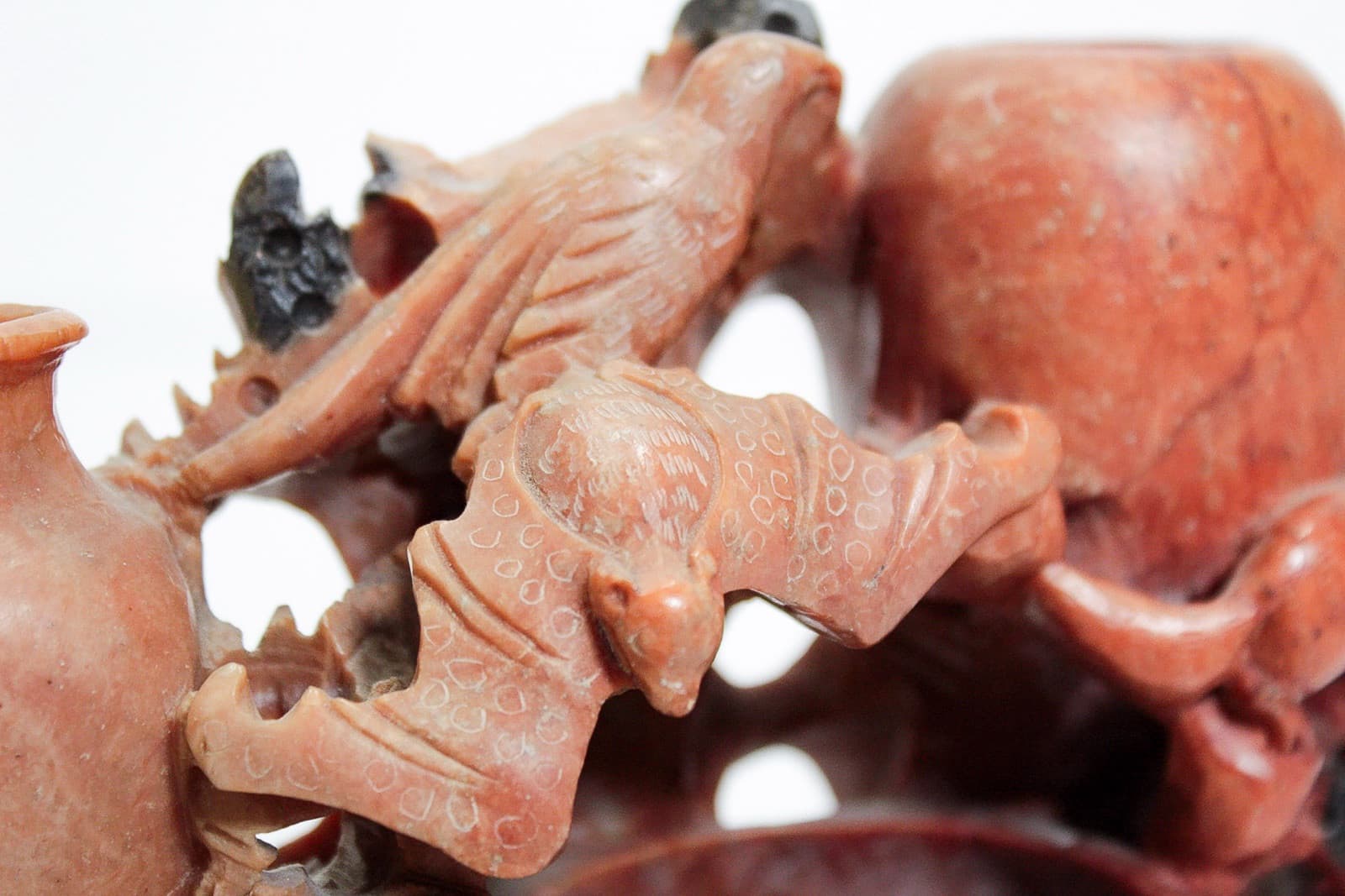 Vintage Chinese Soapstone Heavily Hand Carved Birds & Bats Vase Sculpture - Thumbnail 6