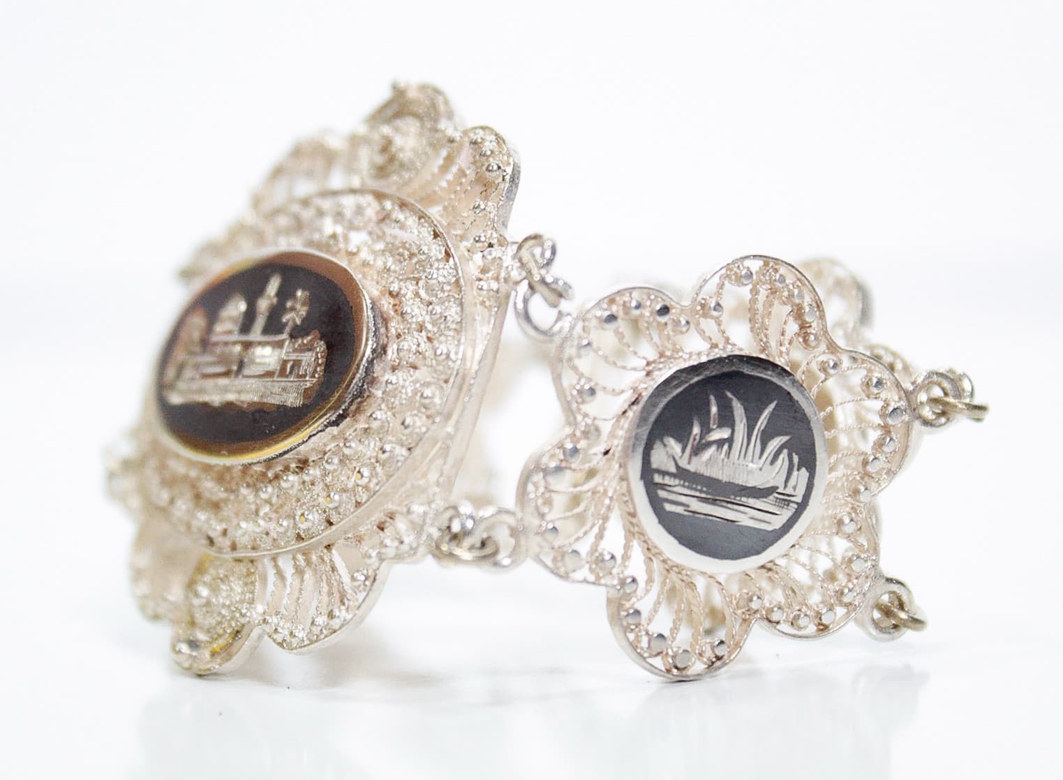Vintage SIAM Sterling Silver Filigree Linked Enamel Statement Bracelet - Thumbnail 2