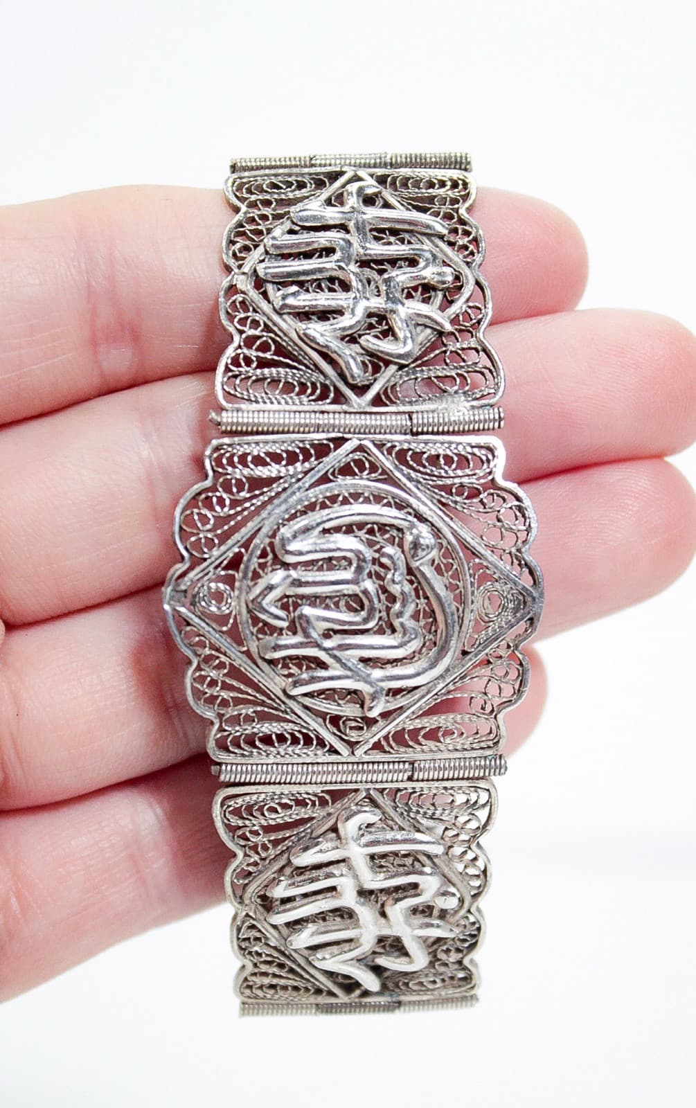 Vintage 800 Silver Egyptian Filigree Panel Statement Bracelet - Thumbnail 6