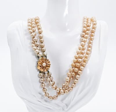 Vintage Faux Pearl Gold Tone Textured Floral Clasp Triple Strand Beaded Necklace - Thumbnail 2