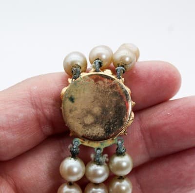 Vintage Faux Pearl Gold Tone Textured Floral Clasp Triple Strand Beaded Necklace - Thumbnail 5
