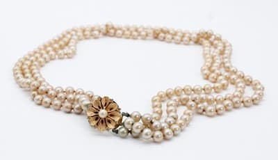 Vintage Faux Pearl Gold Tone Textured Floral Clasp Triple Strand Beaded Necklace - Thumbnail 9