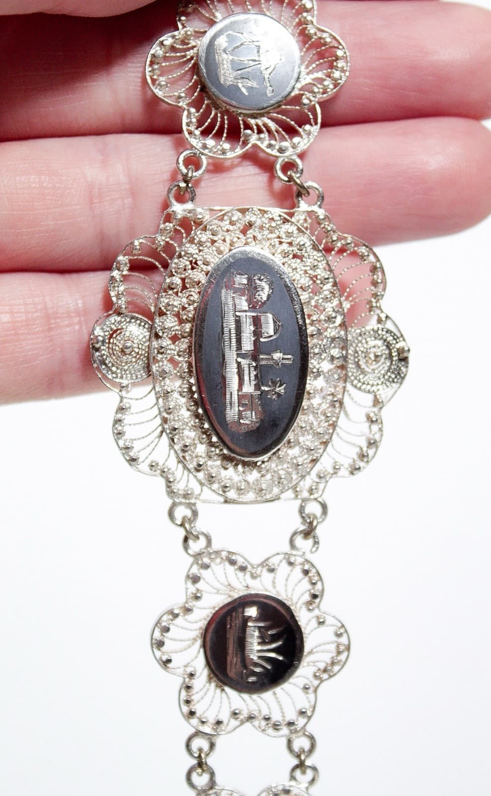 Vintage SIAM Sterling Silver Filigree Linked Enamel Statement Bracelet - Thumbnail 3