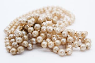 Vintage Faux Pearl Gold Tone Textured Floral Clasp Triple Strand Beaded Necklace - Thumbnail 6