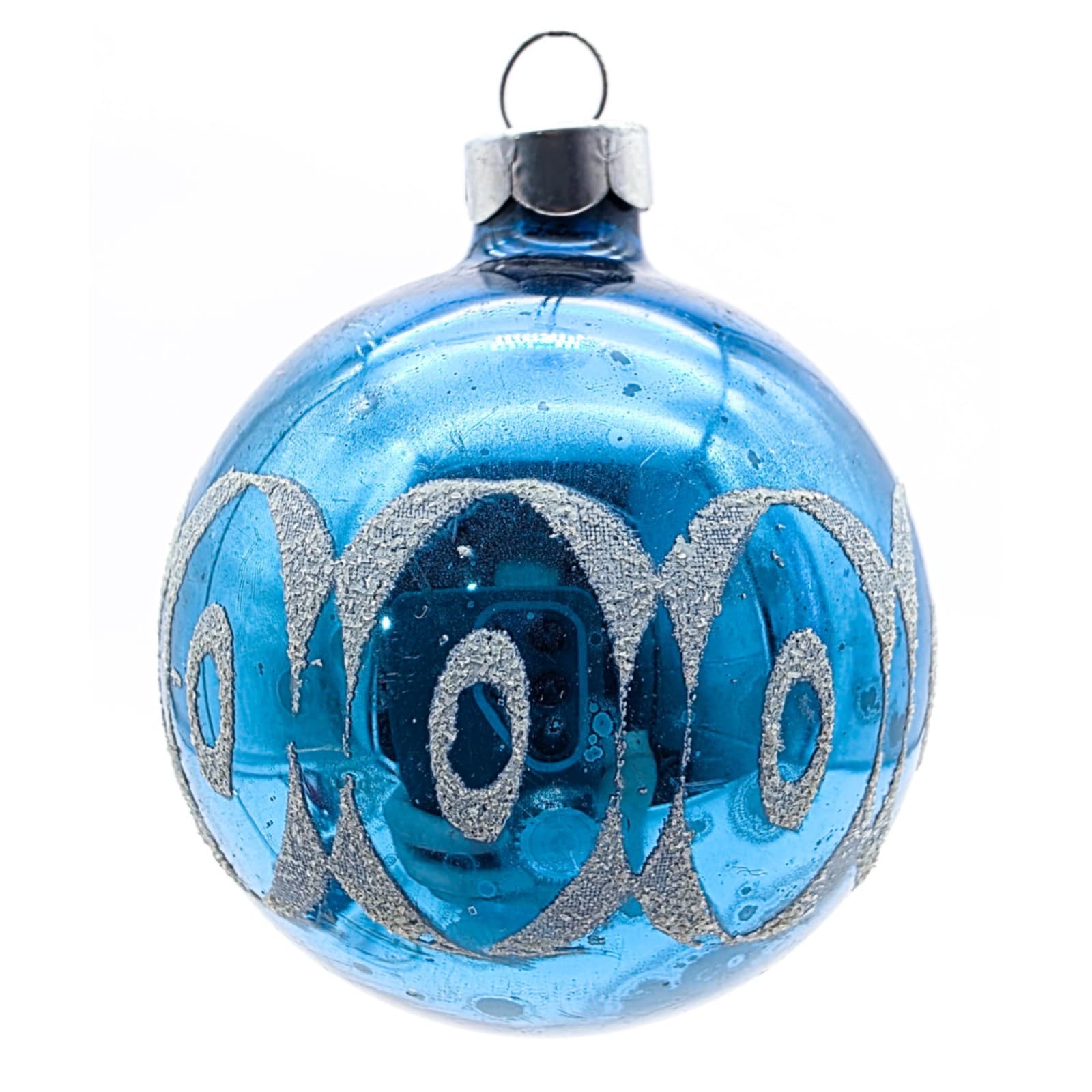 WWII Era Made In USA Blue Stencil Mica Ovals Pattern Glass Christmas Ornament - Image 1