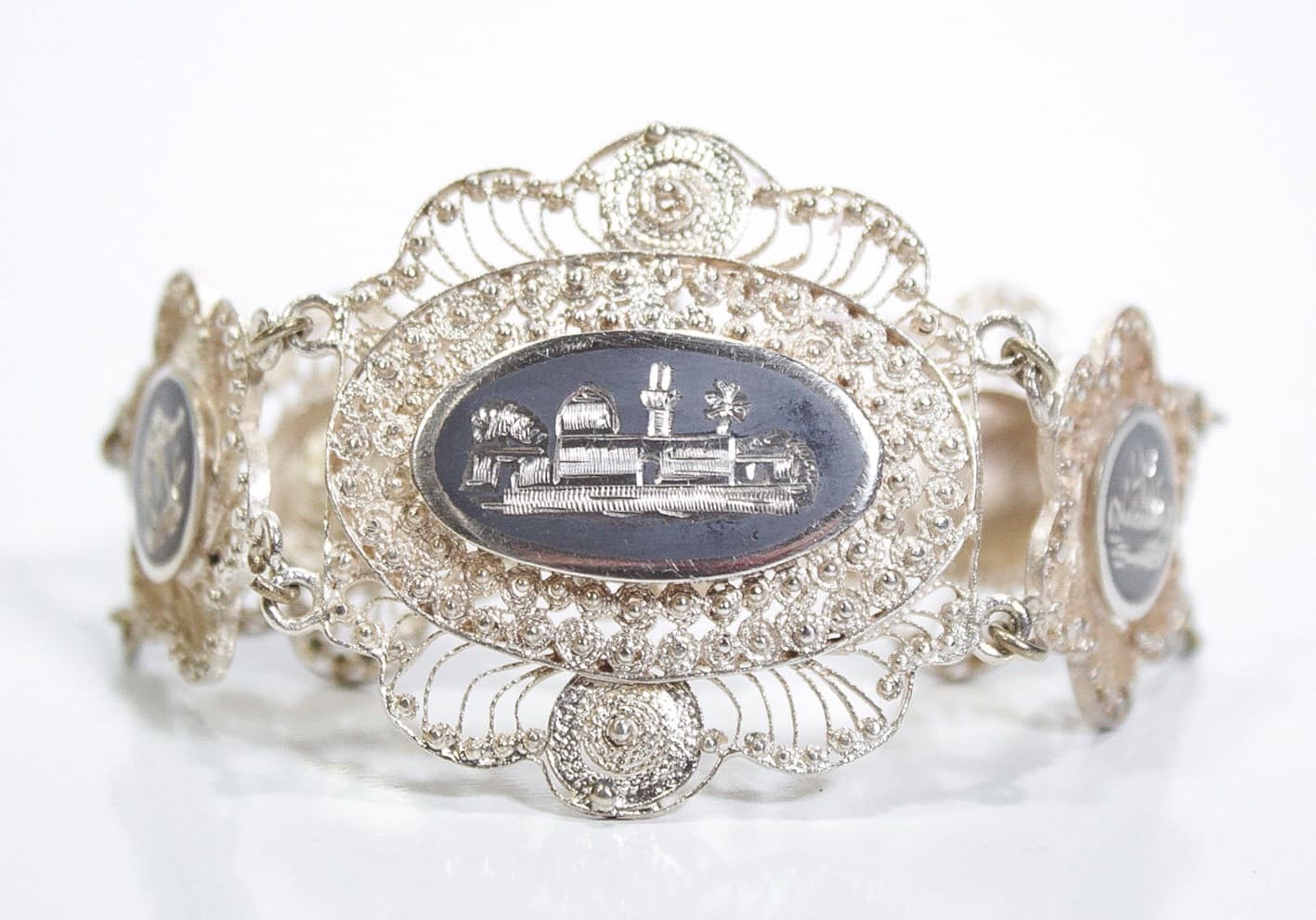 Vintage SIAM Sterling Silver Filigree Linked Enamel Statement Bracelet - Image 1