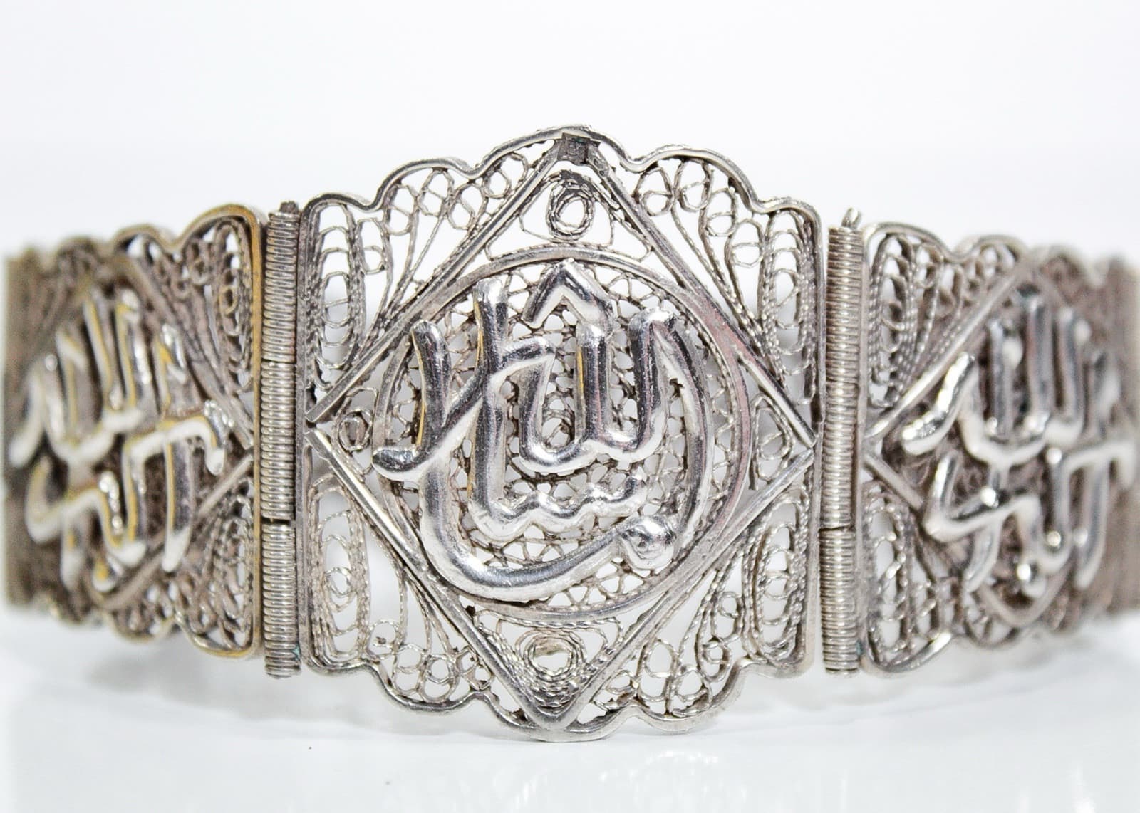 Vintage 800 Silver Egyptian Filigree Panel Statement Bracelet - Thumbnail 2