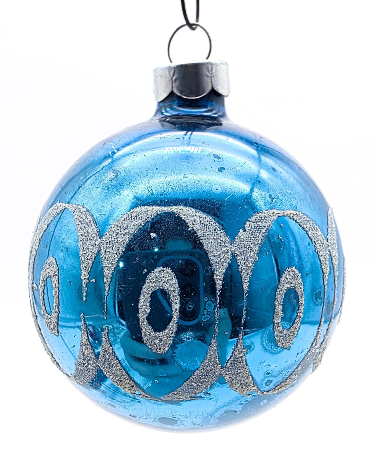 WWII Era Made In USA Blue Stencil Mica Ovals Pattern Glass Christmas Ornament - Thumbnail 6