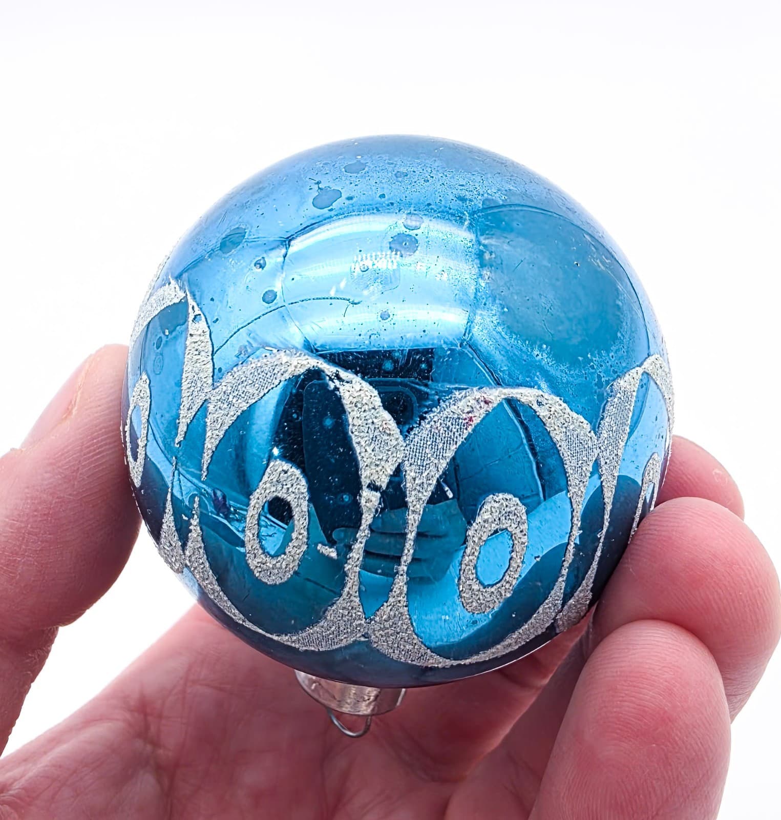 WWII Era Made In USA Blue Stencil Mica Ovals Pattern Glass Christmas Ornament - Thumbnail 3