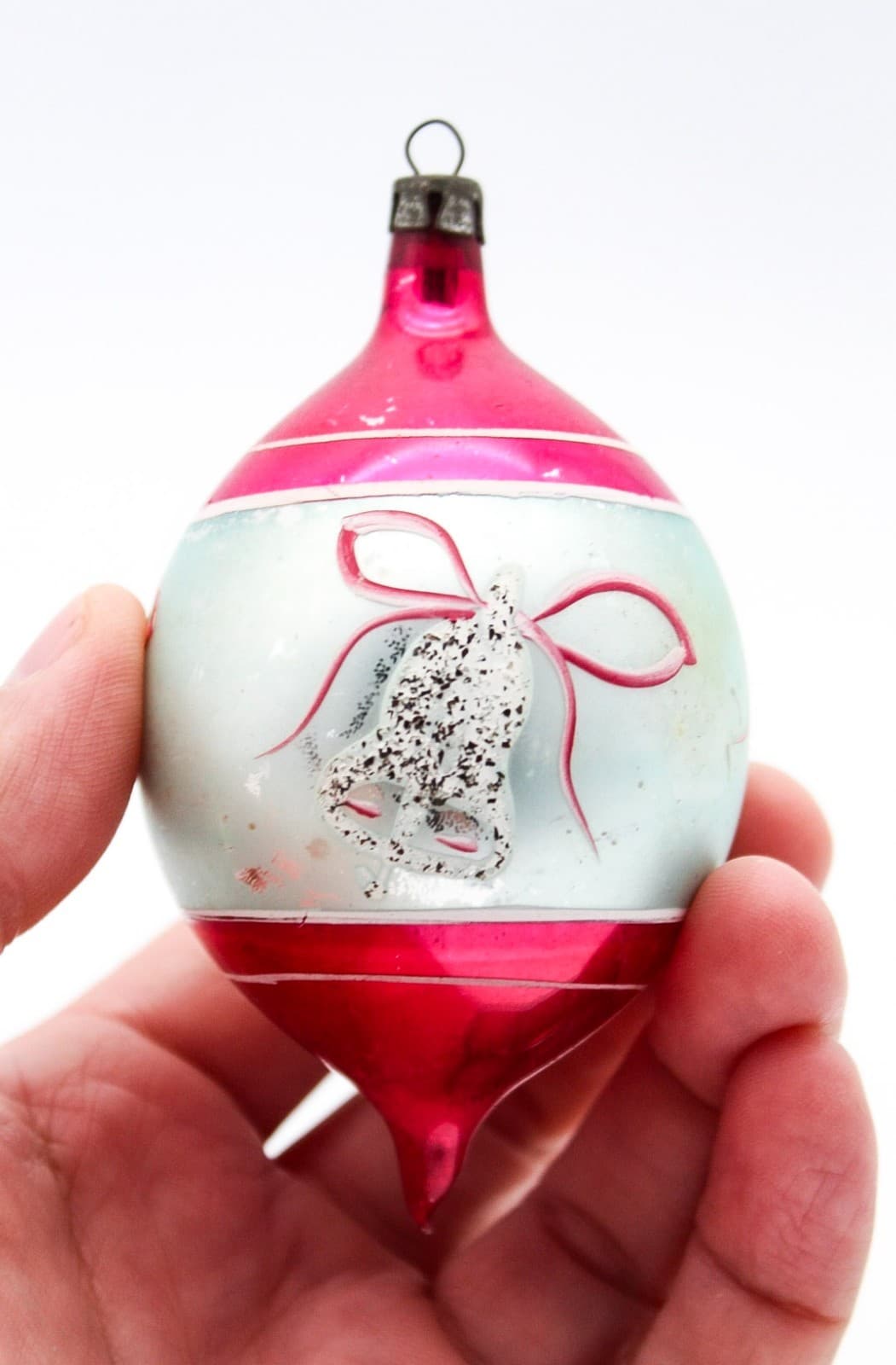 Poland Vintage Teardrop Silver Pink Mica Bell Glass Christmas Ornament - Thumbnail 5