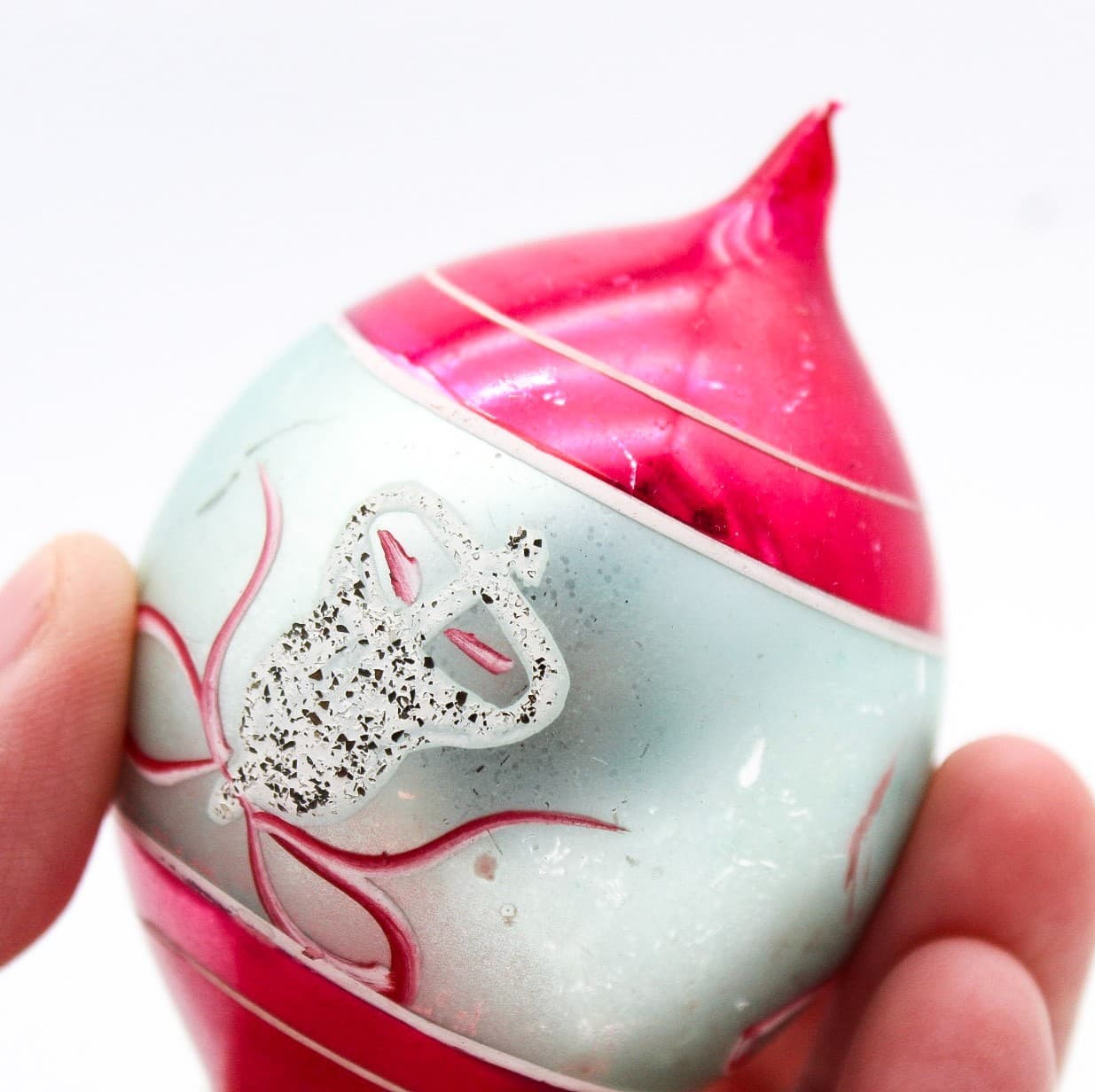 Poland Vintage Teardrop Silver Pink Mica Bell Glass Christmas Ornament - Thumbnail 3