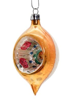 Vtg POLAND Mica Yellow Multicolor Indent Reflector Teardrop Glass Ornament - Image 1