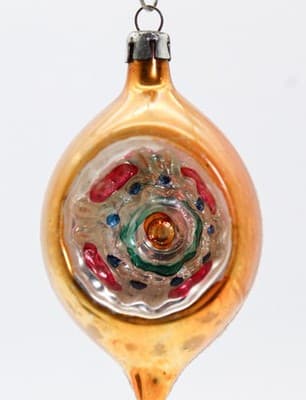 Vtg POLAND Mica Yellow Multicolor Indent Reflector Teardrop Glass Ornament - Thumbnail 4