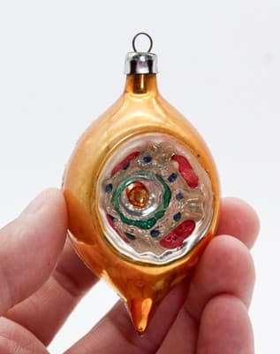 Vtg POLAND Mica Yellow Multicolor Indent Reflector Teardrop Glass Ornament - Thumbnail 2