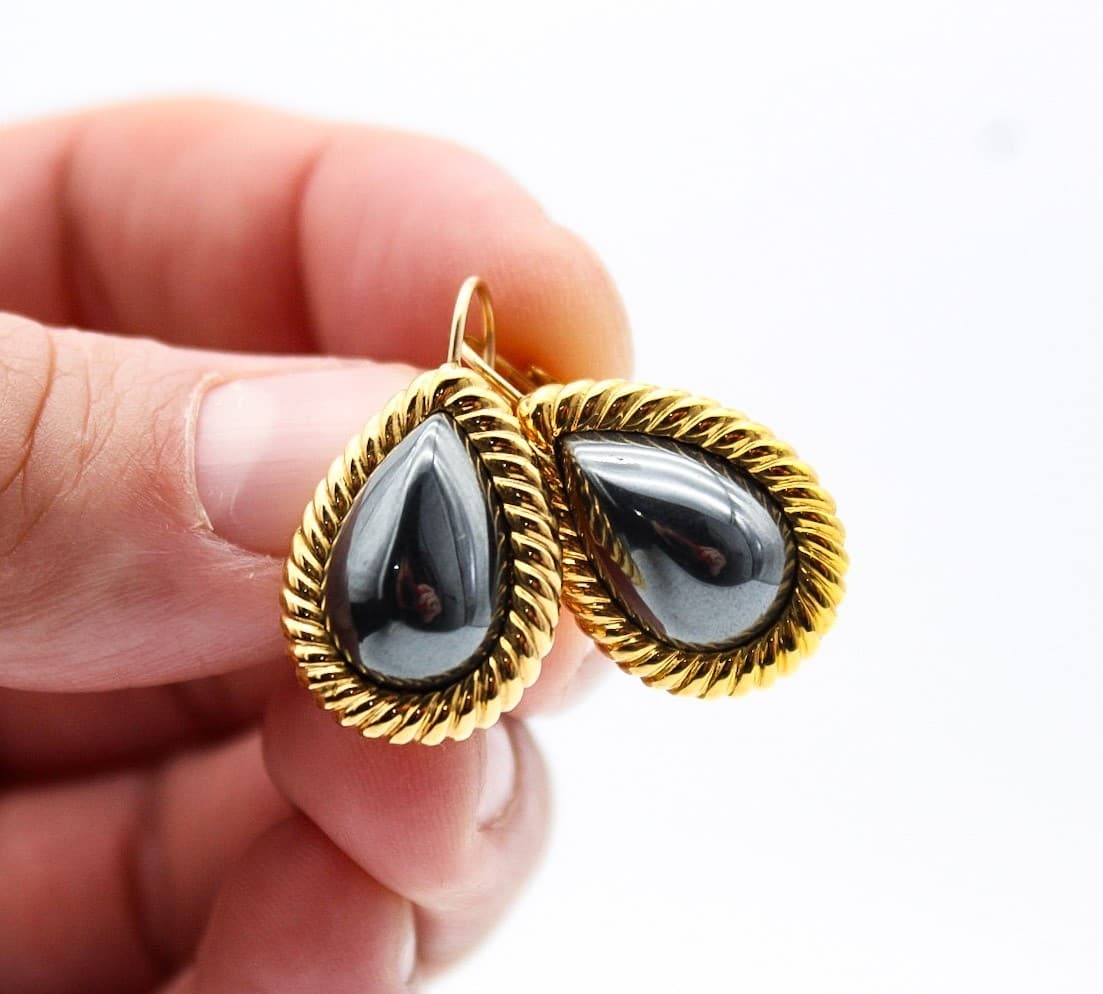 Kenneth Jay Lane KJL Hematite Pear Shape Rope Setting Lever Back Earrings - Thumbnail 2