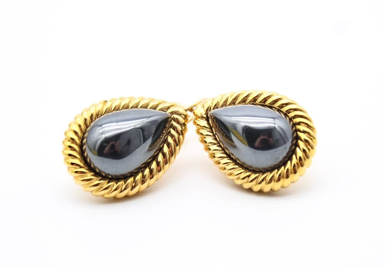 Kenneth Jay Lane KJL Hematite Pear Shape Rope Setting Lever Back Earrings - Thumbnail 3