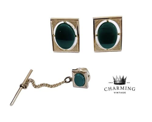 Rare Vintage Swank Green Onyx Gem Stone Cufflinks & Tie Tack - Image 1