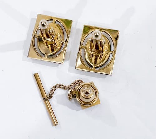 Rare Vintage Swank Green Onyx Gem Stone Cufflinks & Tie Tack - Thumbnail 2