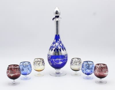 Nachtmann Bohemian Crystal Cobalt Blue Sterling Silver Overlay Decanter Set 7pcs - Thumbnail 3