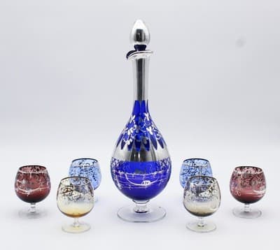 Nachtmann Bohemian Crystal Cobalt Blue Sterling Silver Overlay Decanter Set 7pcs - Thumbnail 5