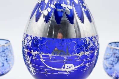 Nachtmann Bohemian Crystal Cobalt Blue Sterling Silver Overlay Decanter Set 7pcs - Thumbnail 7
