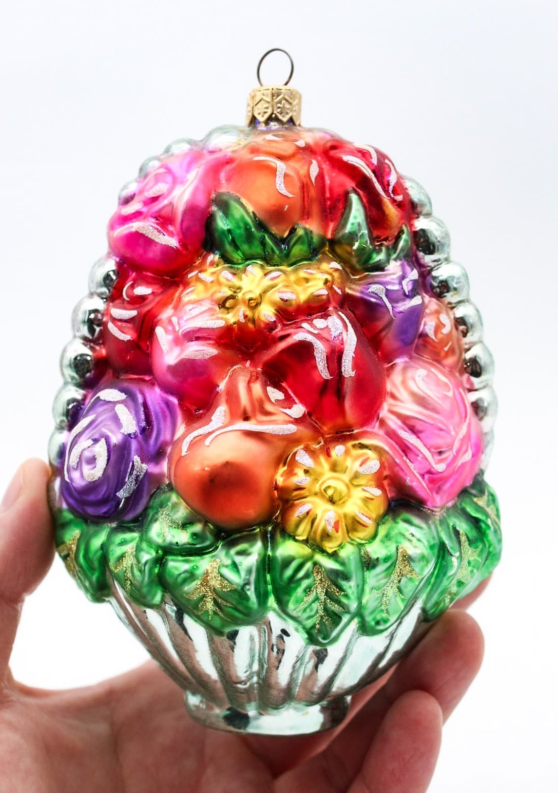 1998 Christopher Radko Flower Basket Hand Painted Glass Christmas Ornament 5.5" - Thumbnail 2