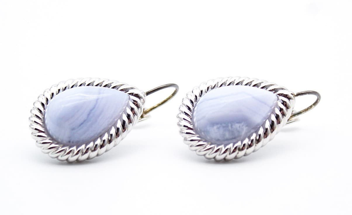 Kenneth Jay Lane KJL Blue Lace Agate Pear Shape Rope Setting Lever Back Earrings - Thumbnail 2