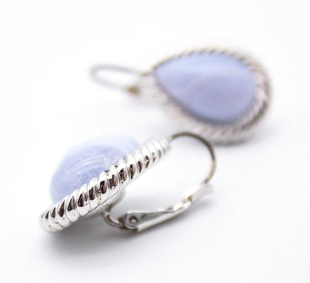 Kenneth Jay Lane KJL Blue Lace Agate Pear Shape Rope Setting Lever Back Earrings - Thumbnail 3