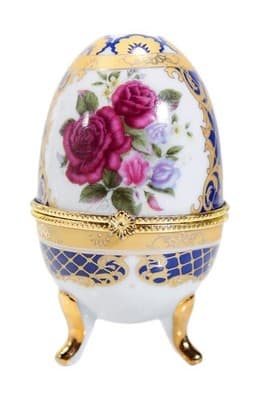 Vintage Hinged Egg Shaped Floral Footed Porcelain Trinket Box - Image 1