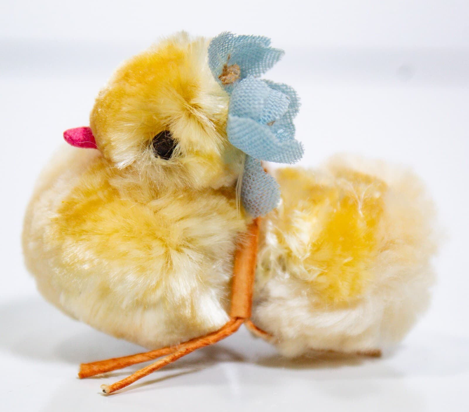 Japanese Vintage Yellow Easter Decoration Pom Pom Chenille Chick w/ Blue Flower - Thumbnail 3