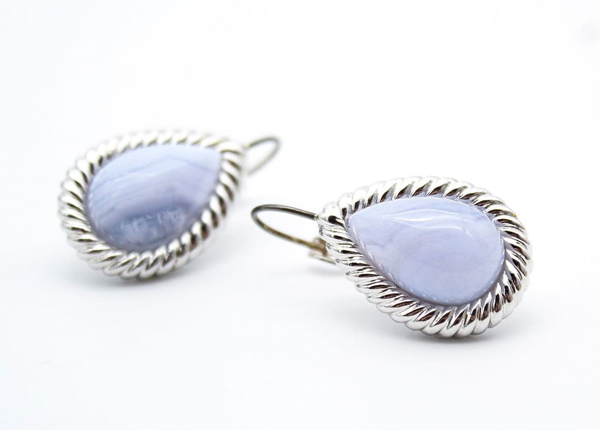 Kenneth Jay Lane KJL Blue Lace Agate Pear Shape Rope Setting Lever Back Earrings - Thumbnail 5