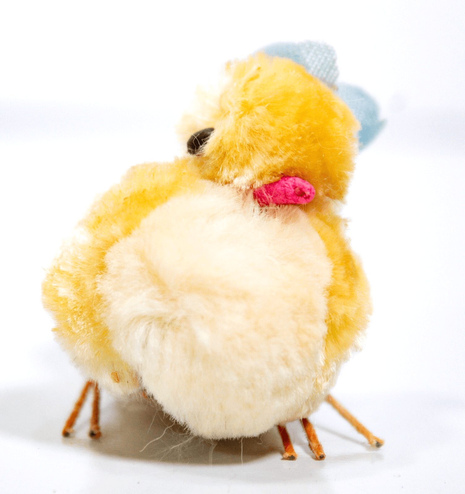 Japanese Vintage Yellow Easter Decoration Pom Pom Chenille Chick w/ Blue Flower - Image 1