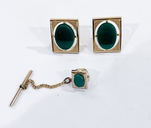 Rare Vintage Swank Green Onyx Gem Stone Cufflinks & Tie Tack - Thumbnail 3