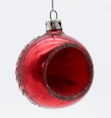 Vintage Made In Poland Mica Indent Reflector Red Glass Christmas Ornament - Thumbnail 2