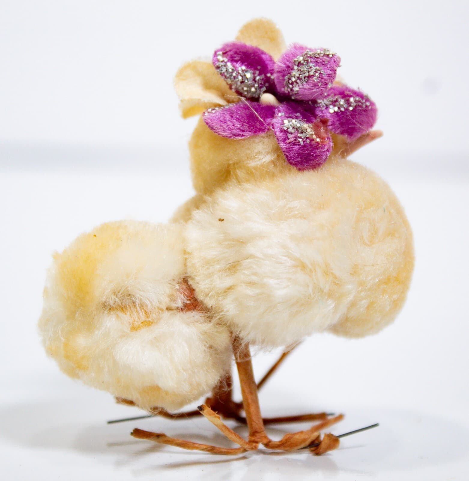 Japanese Vintage Yellow Easter Decoration Pom Pom Chenille Chick w/ Pink Flower - Thumbnail 2