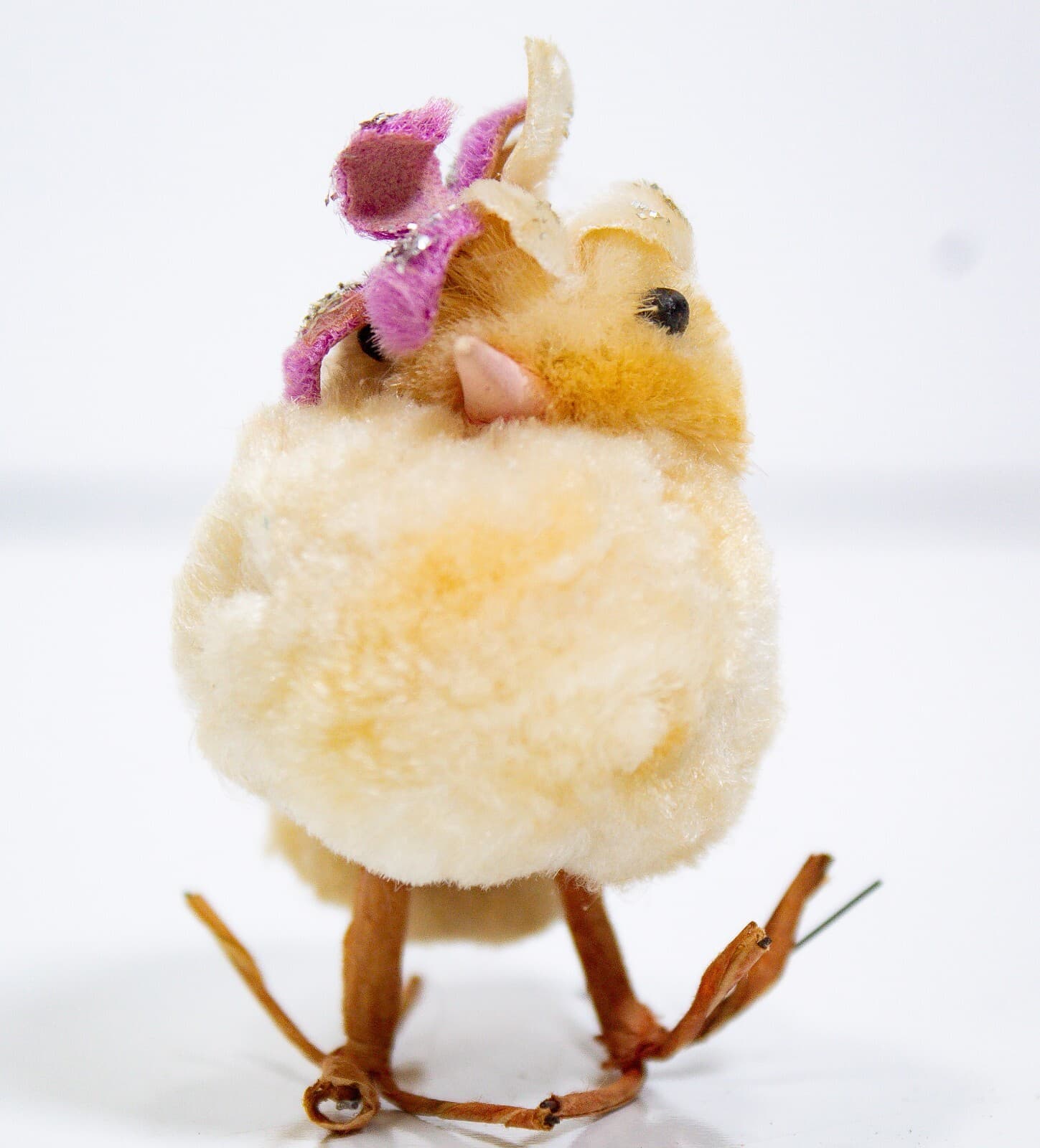Japanese Vintage Yellow Easter Decoration Pom Pom Chenille Chick w/ Pink Flower - Thumbnail 3