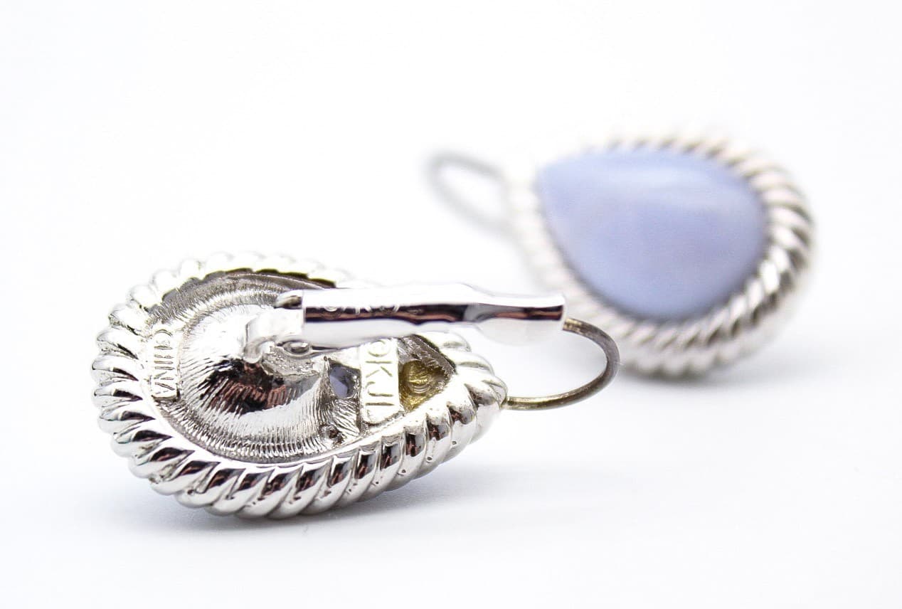 Kenneth Jay Lane KJL Blue Lace Agate Pear Shape Rope Setting Lever Back Earrings - Thumbnail 7