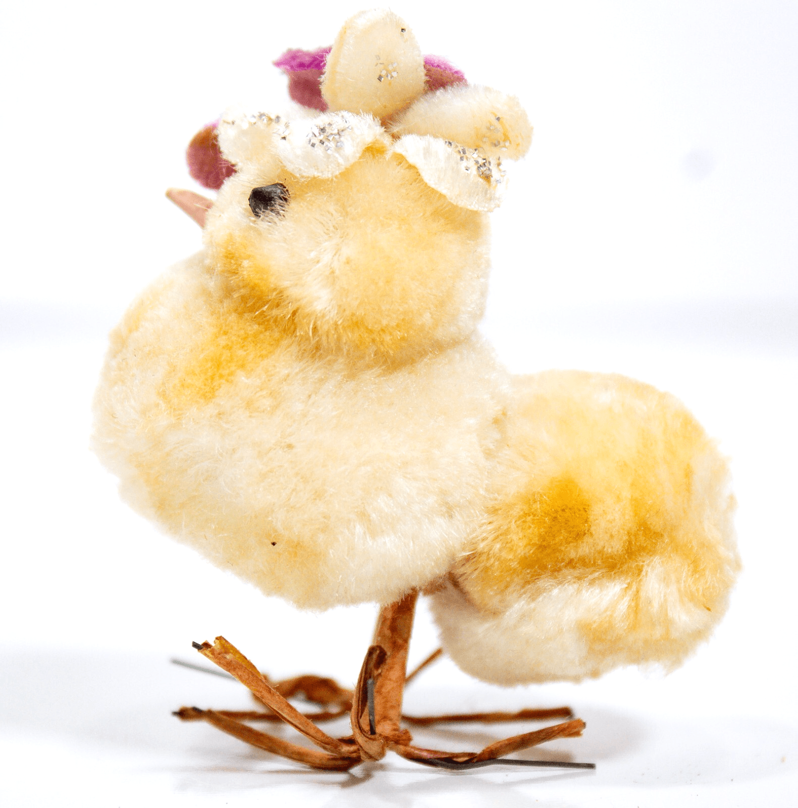 Japanese Vintage Yellow Easter Decoration Pom Pom Chenille Chick w/ Pink Flower - Image 1