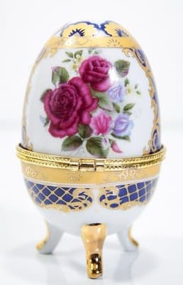 Vintage Hinged Egg Shaped Floral Footed Porcelain Trinket Box - Thumbnail 2