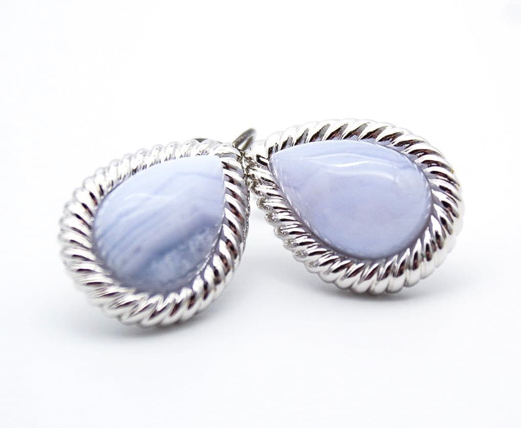 Kenneth Jay Lane KJL Blue Lace Agate Pear Shape Rope Setting Lever Back Earrings - Thumbnail 8