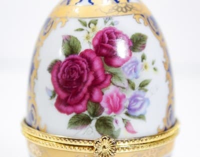 Vintage Hinged Egg Shaped Floral Footed Porcelain Trinket Box - Thumbnail 3