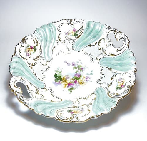 Antique Germany Victorian Porcelain Handled Floral Serving Bowl/ Plate - Thumbnail 2