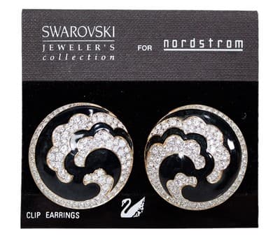 Vtg SWAROVSKI Swan Signed Enamel Crystal Wave Swirl Clip On Earrrings - Image 1