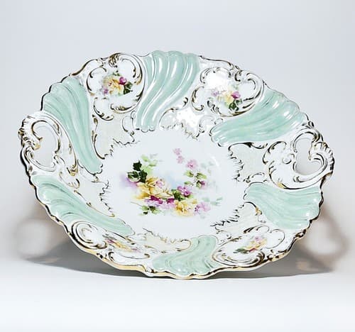 Antique Germany Victorian Porcelain Handled Floral Serving Bowl/ Plate - Thumbnail 3